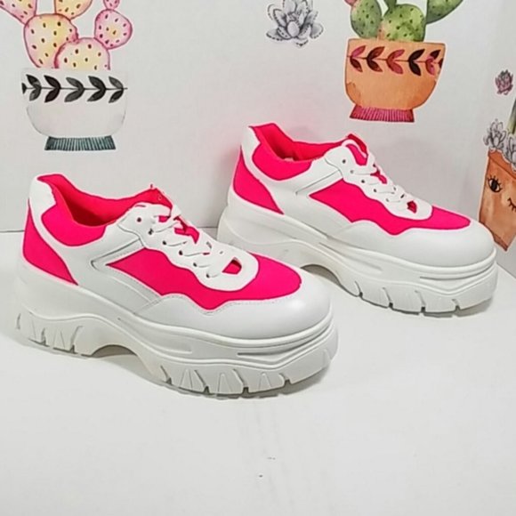 NEW!!!  Platform Fashion Sneaker - White Upper w/ Neon Pink Panels - Lace-Up - Picture 4 of 8